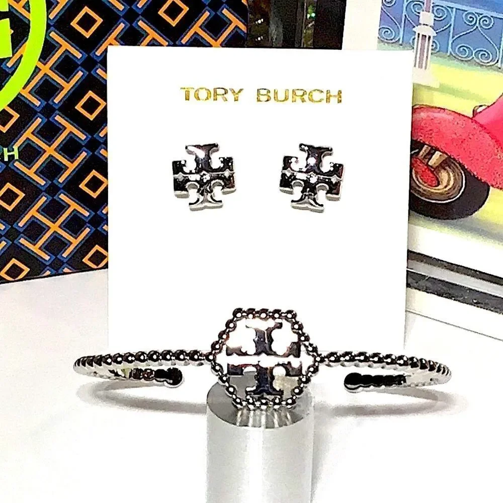 TORY BURCH SILVER SET EARRINGS AND BRACELET